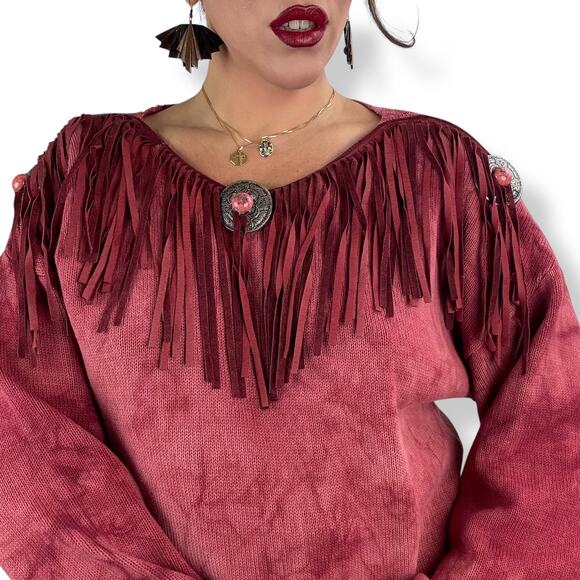 Vintage cowgirl western red cotton tie-dyed fringe sweater dress - Picture 12 of 14